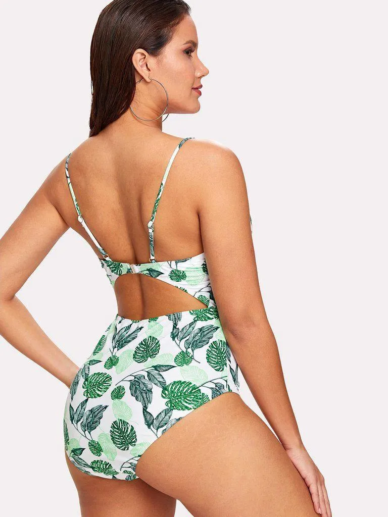 Palm Print Cut Out Swimsuit