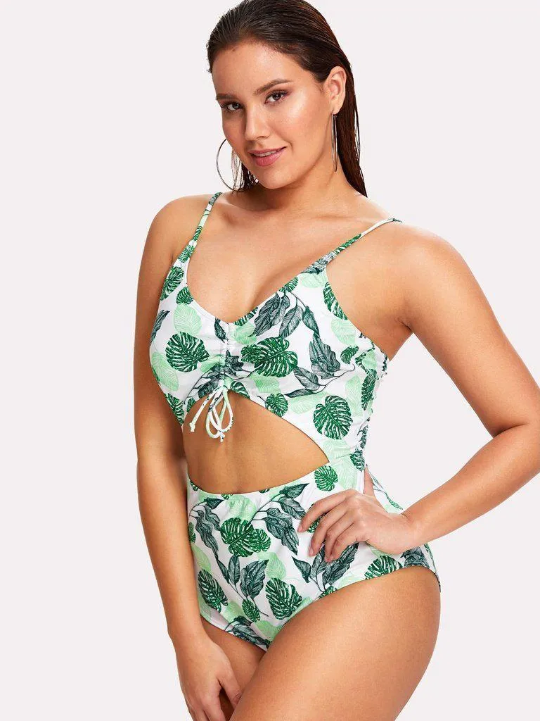 Palm Print Cut Out Swimsuit