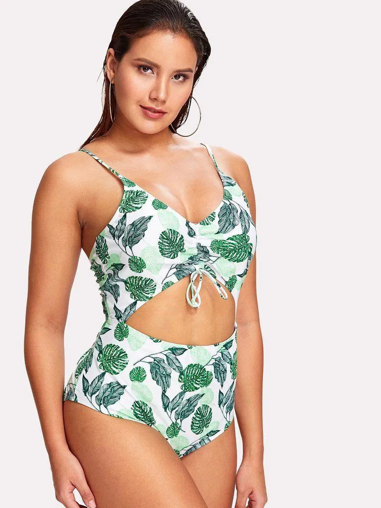 Palm Print Cut Out Swimsuit
