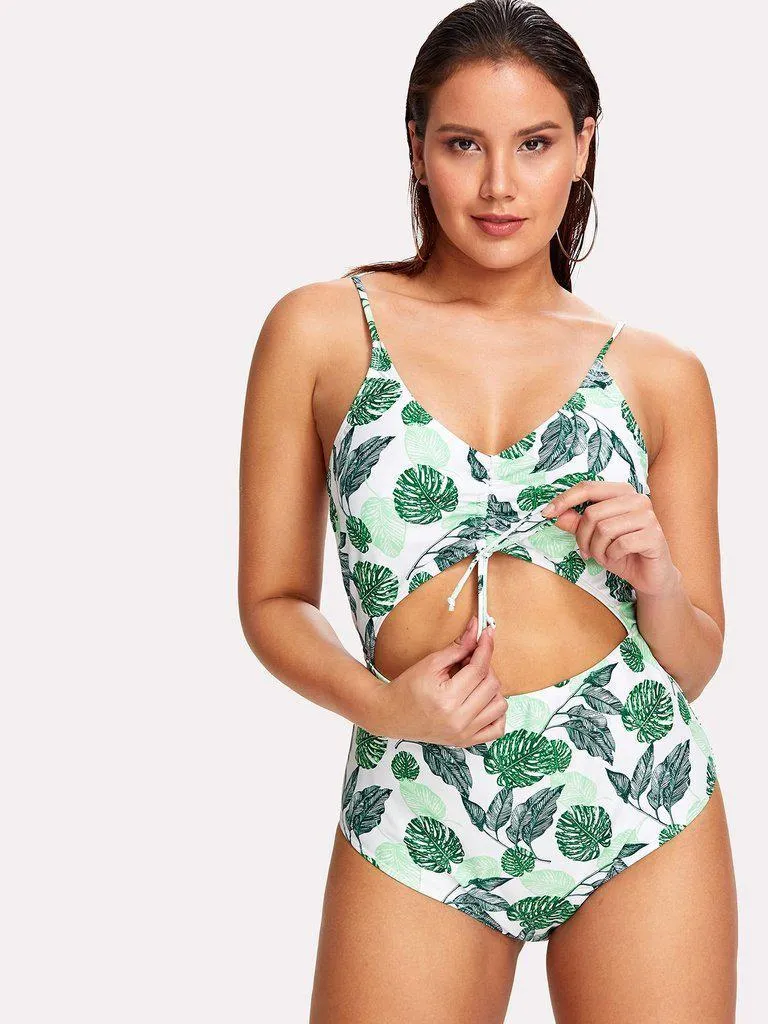 Palm Print Cut Out Swimsuit