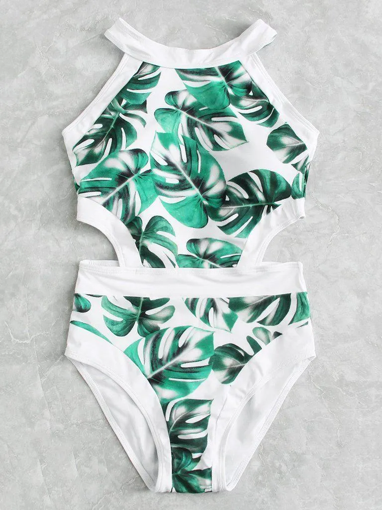 Palm Print Cutout Swimsuit