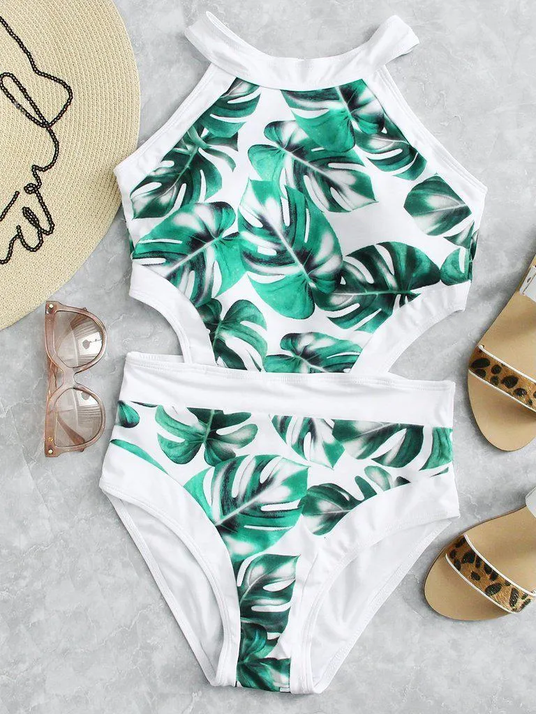 Palm Print Cutout Swimsuit