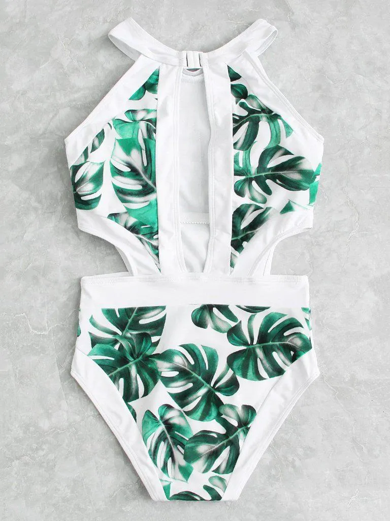 Palm Print Cutout Swimsuit