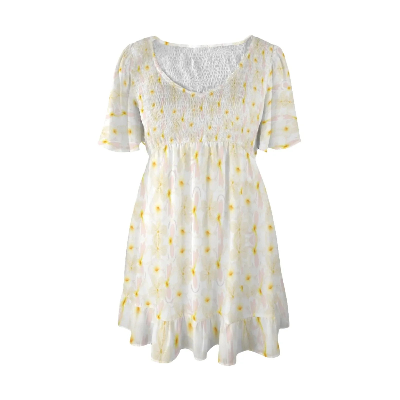 Pastel Frangipanis V Neck Flutter Sleeves Dress up to 5 XL (FWS)