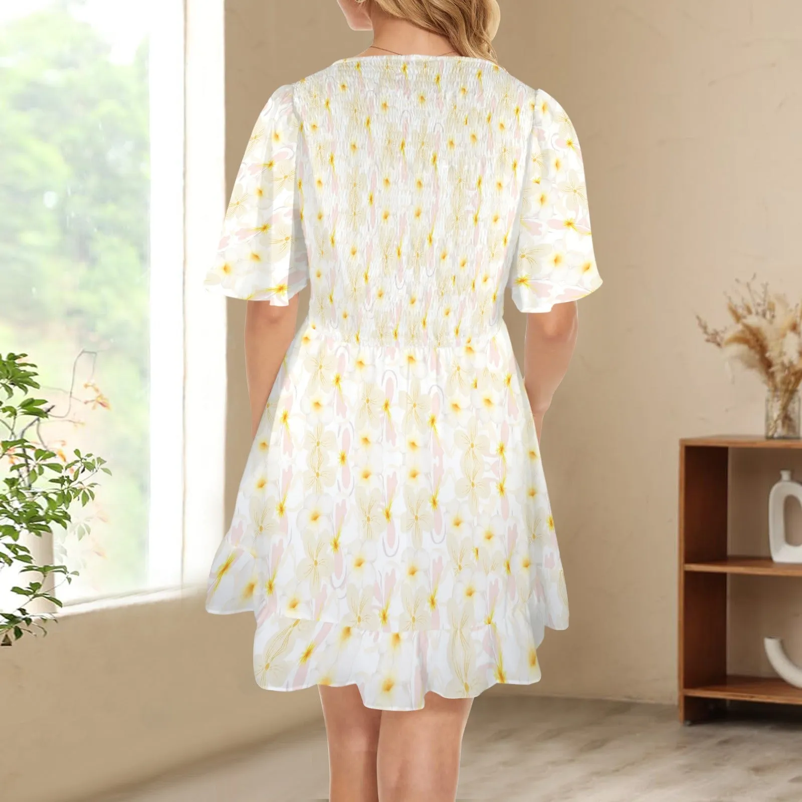 Pastel Frangipanis V Neck Flutter Sleeves Dress up to 5 XL (FWS)