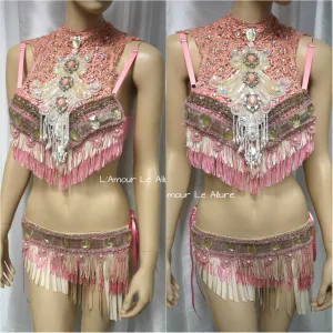 Pastel Pink and Cream Mermaid Fringe Bra and Skirt