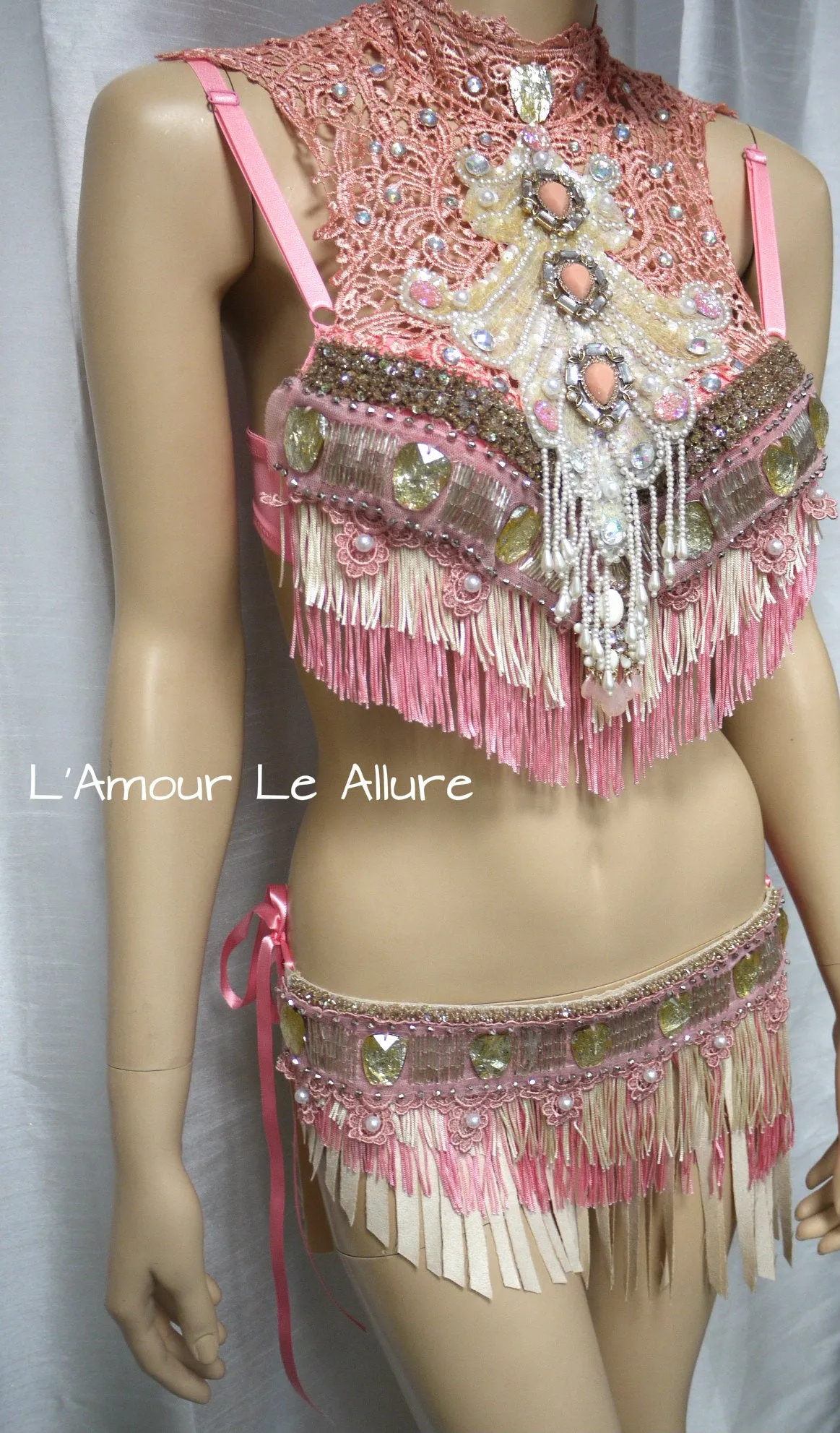 Pastel Pink and Cream Mermaid Fringe Bra and Skirt