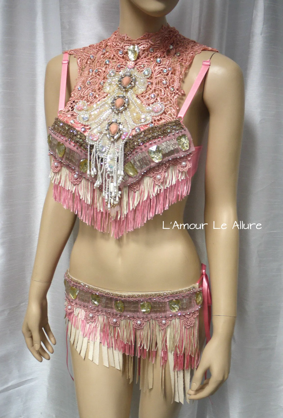 Pastel Pink and Cream Mermaid Fringe Bra and Skirt