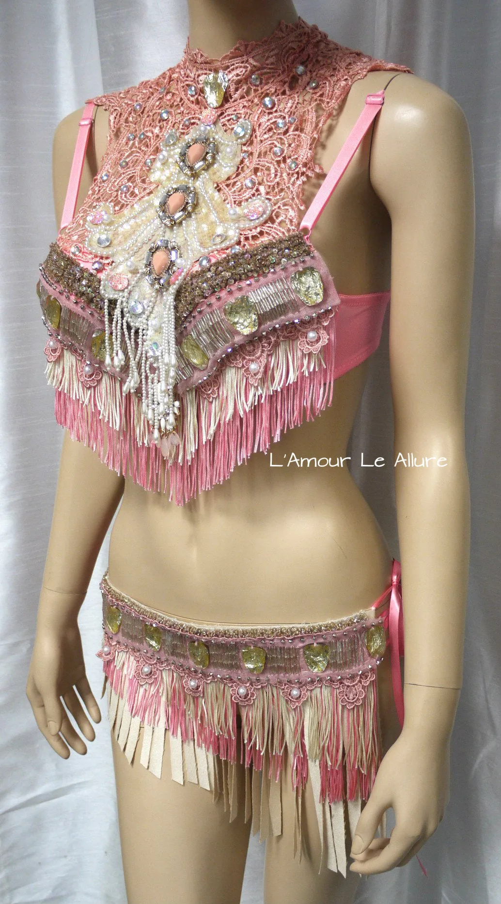 Pastel Pink and Cream Mermaid Fringe Bra and Skirt