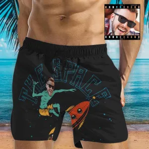 Personalized Face Funny Swim Trunks Customized The Space Calls To Me Men's Quick Dry Swim Shorts