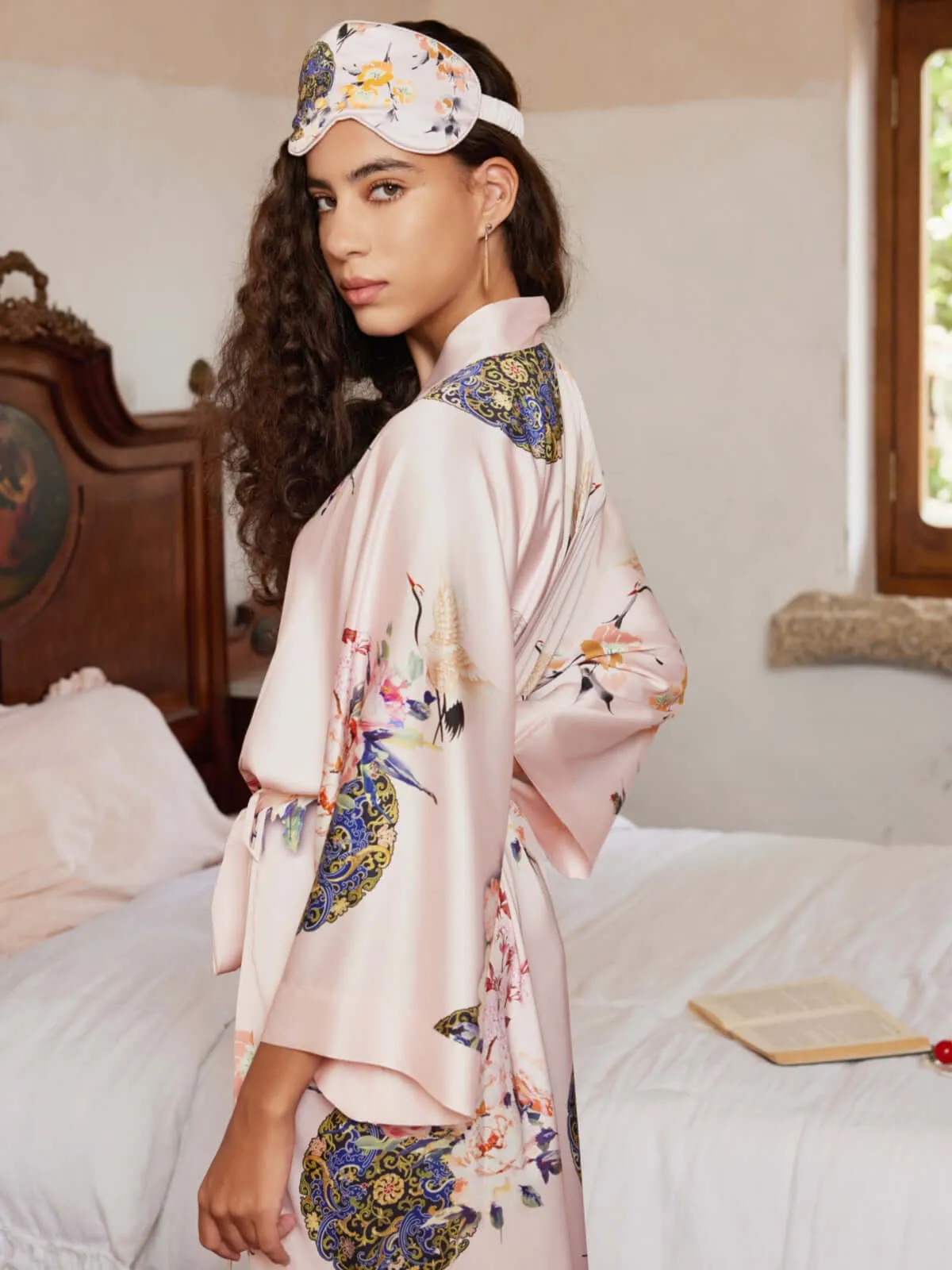 Pink Crane Charmeuse Floral Asian Inspired Sleep Mask