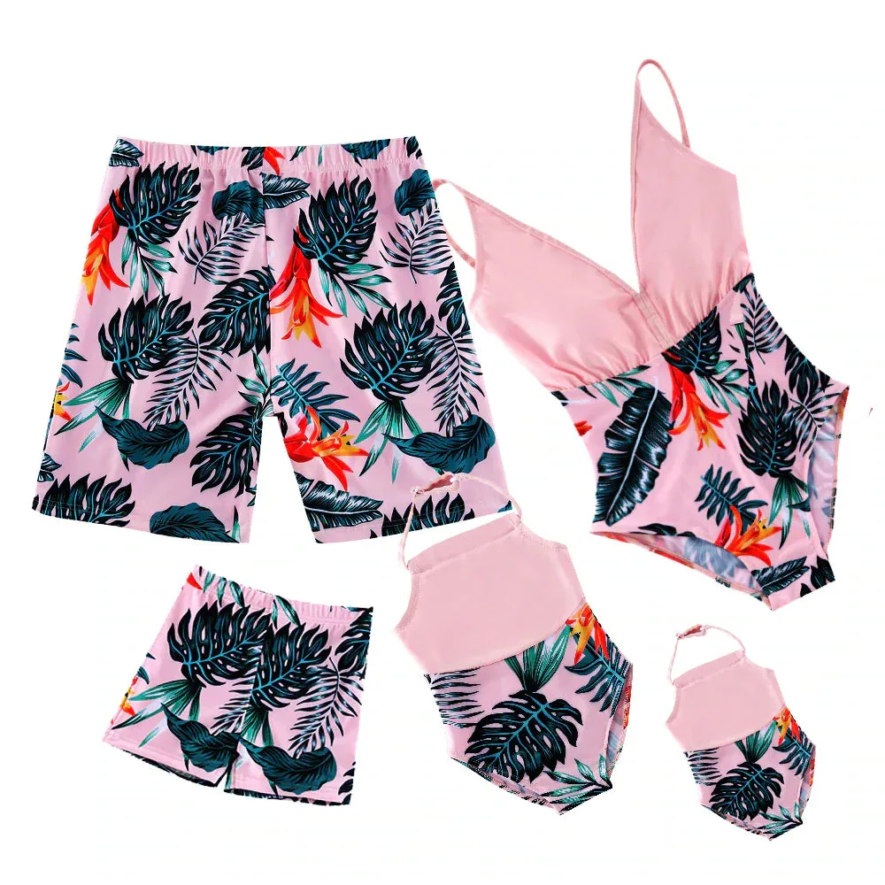 Pink Palm Leaves Matching Family Bathing Suit
