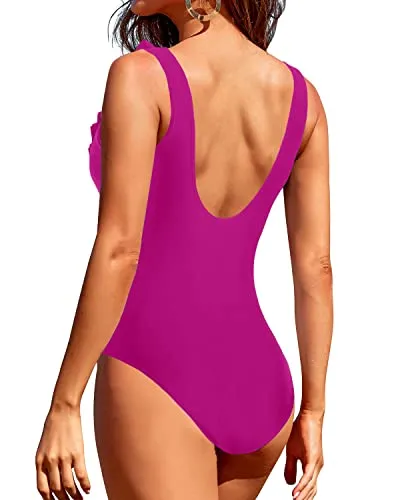 Plunge V-Neck Swimsuits Sexy 1 Piece Swimsuits For Women-Phosphor And Dark Pink