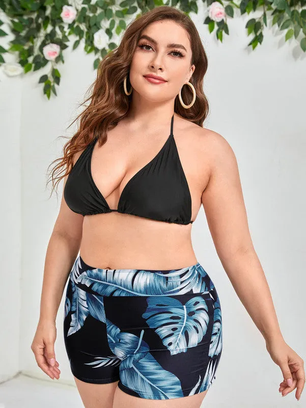 Plus 3pack Blue Tropical Print Halter Triangle Bikini Swimsuit
