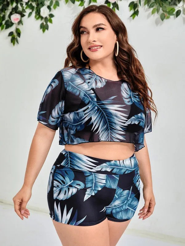 Plus 3pack Blue Tropical Print Halter Triangle Bikini Swimsuit