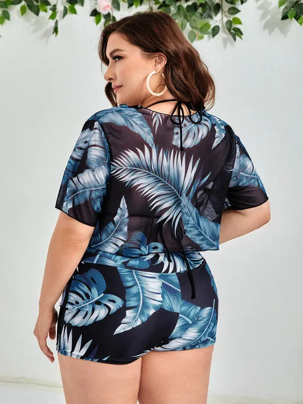 Plus 3pack Blue Tropical Print Halter Triangle Bikini Swimsuit