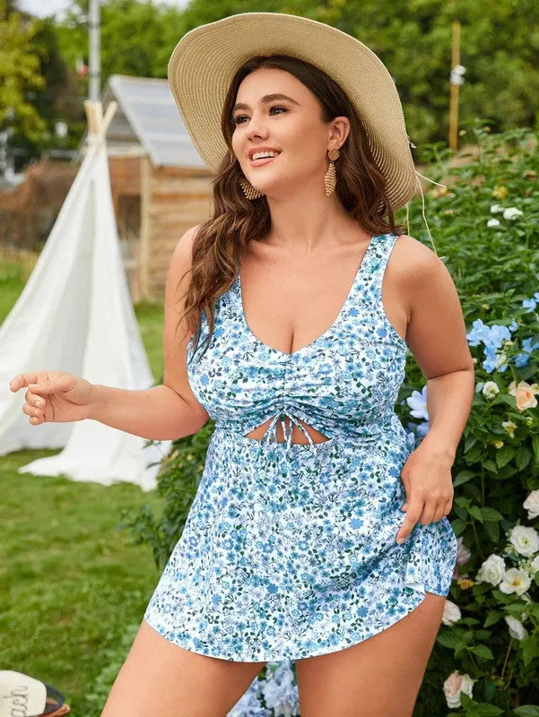 Plus Ditsy Floral Blue Print Drawstring Cut Out Bikini Swimsuit