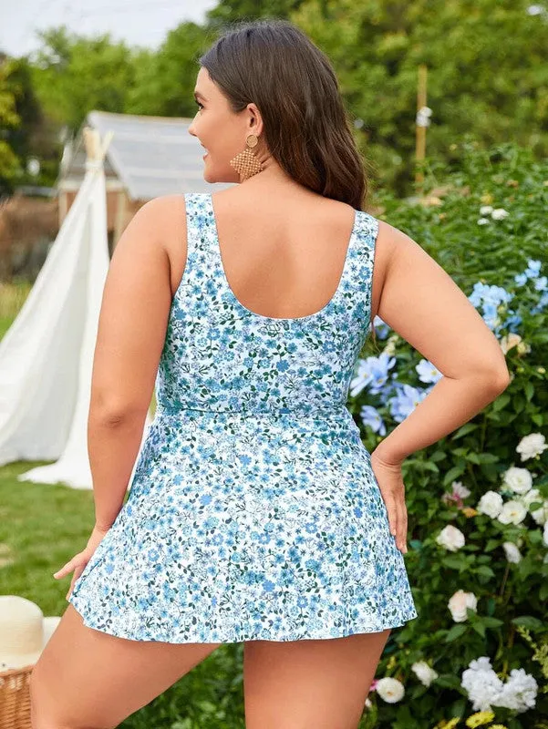 Plus Ditsy Floral Blue Print Drawstring Cut Out Bikini Swimsuit