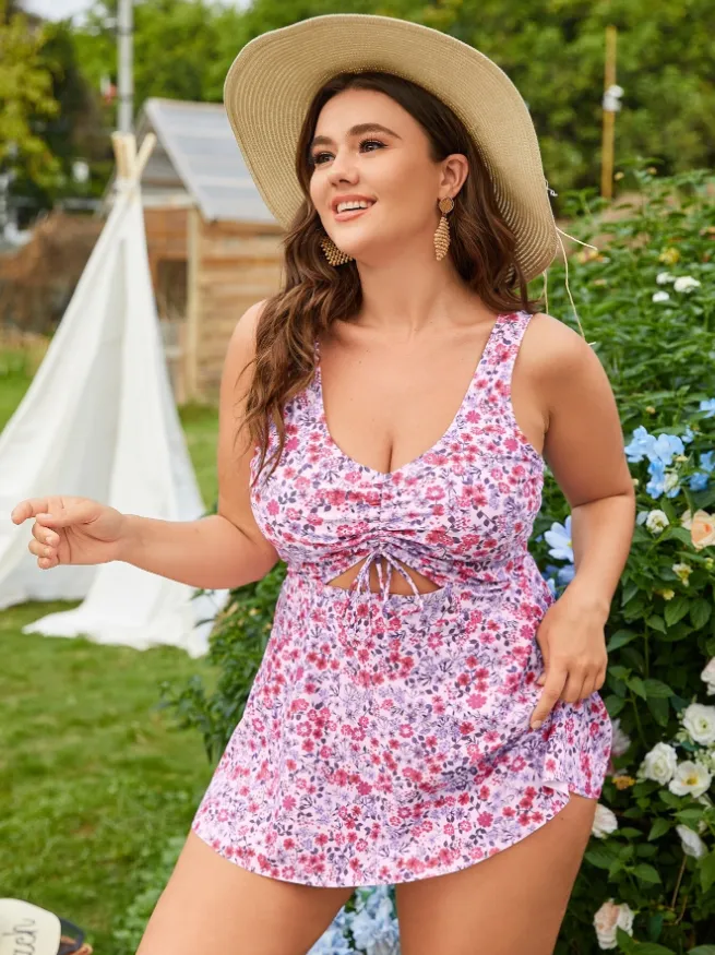 Plus Ditsy Floral Pink Print Drawstring Cut Out Bikini Swimsuit