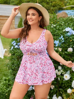 Plus Ditsy Floral Pink Print Drawstring Cut Out Bikini Swimsuit