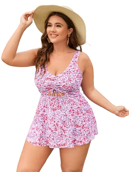Plus Ditsy Floral Pink Print Drawstring Cut Out Bikini Swimsuit