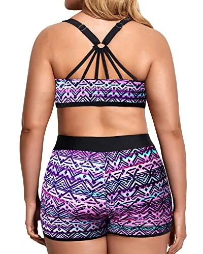 Plus Size 3 Piece Tankini Swimming Set With Sports Bra And Boardshorts-Black And Tribal Purple