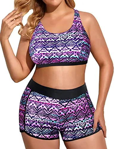 Plus Size 3 Piece Tankini Swimming Set With Sports Bra And Boardshorts-Black And Tribal Purple