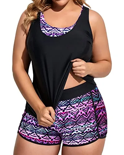 Plus Size 3 Piece Tankini Swimming Set With Sports Bra And Boardshorts-Black And Tribal Purple