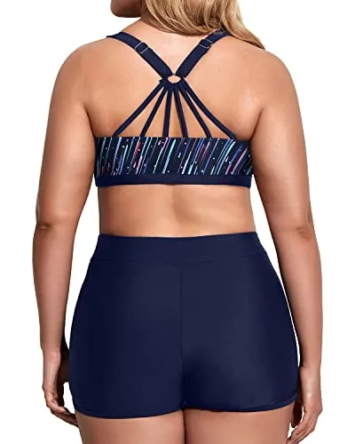 Plus Size 3 Piece Tankini Swimsuits Athletic Bathing Suits-Blue Color Bars