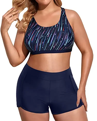 Plus Size 3 Piece Tankini Swimsuits Athletic Bathing Suits-Blue Color Bars