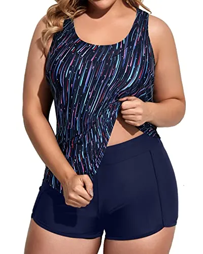 Plus Size 3 Piece Tankini Swimsuits Athletic Bathing Suits-Blue Color Bars
