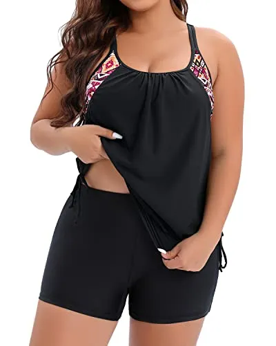 Plus Size Bathing Suit Blouson Tankini Top With Boy Shorts-Black