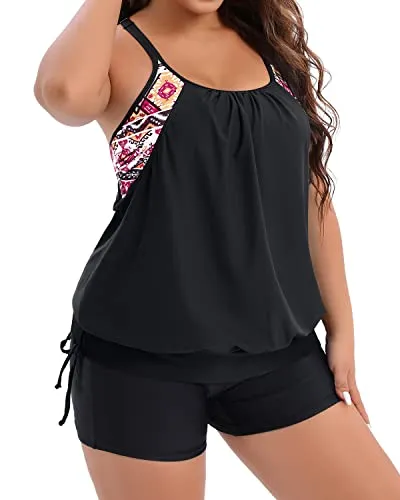 Plus Size Bathing Suit Blouson Tankini Top With Boy Shorts-Black