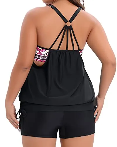 Plus Size Bathing Suit Blouson Tankini Top With Boy Shorts-Black