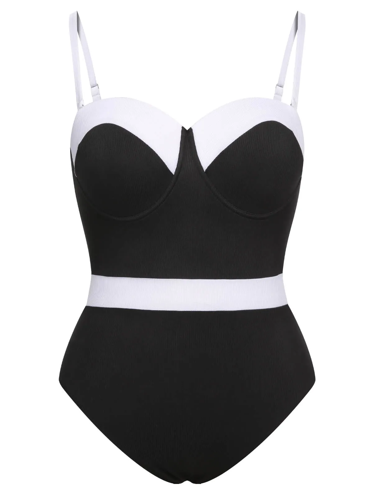 [Plus Size] Black & White 1950s Patchwork Strap Swimsuit