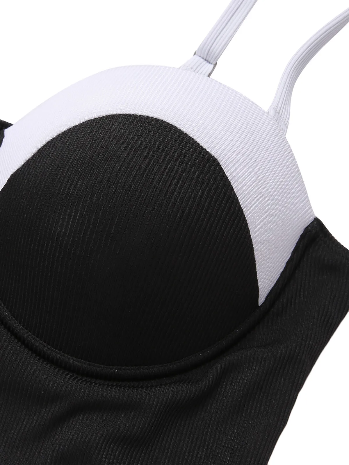 [Plus Size] Black & White 1950s Patchwork Strap Swimsuit
