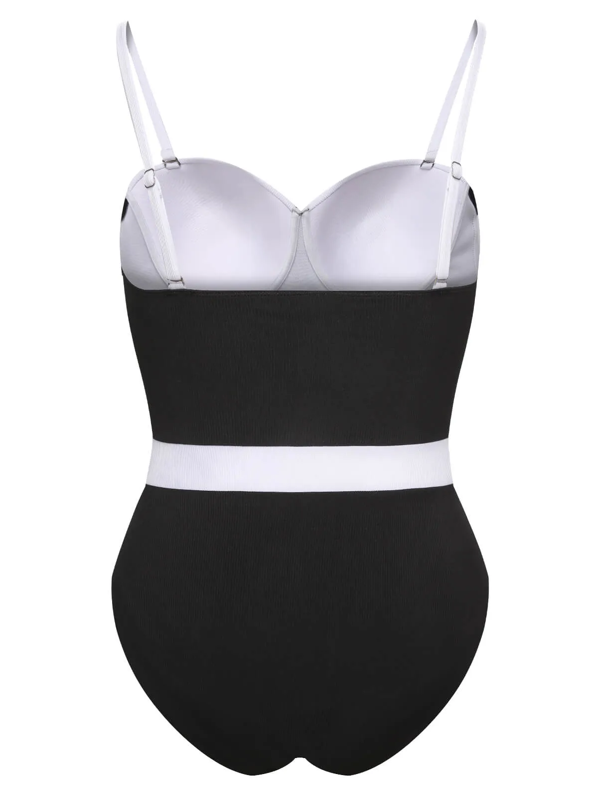[Plus Size] Black & White 1950s Patchwork Strap Swimsuit
