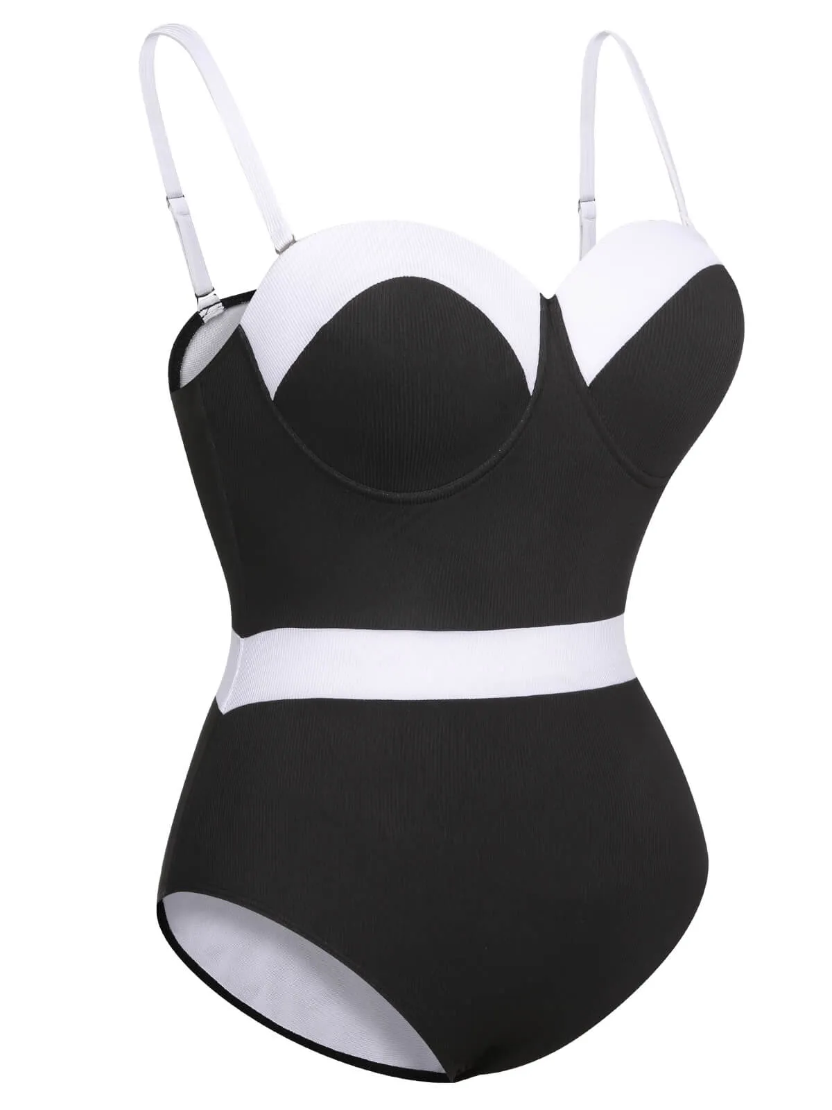 [Plus Size] Black & White 1950s Patchwork Strap Swimsuit
