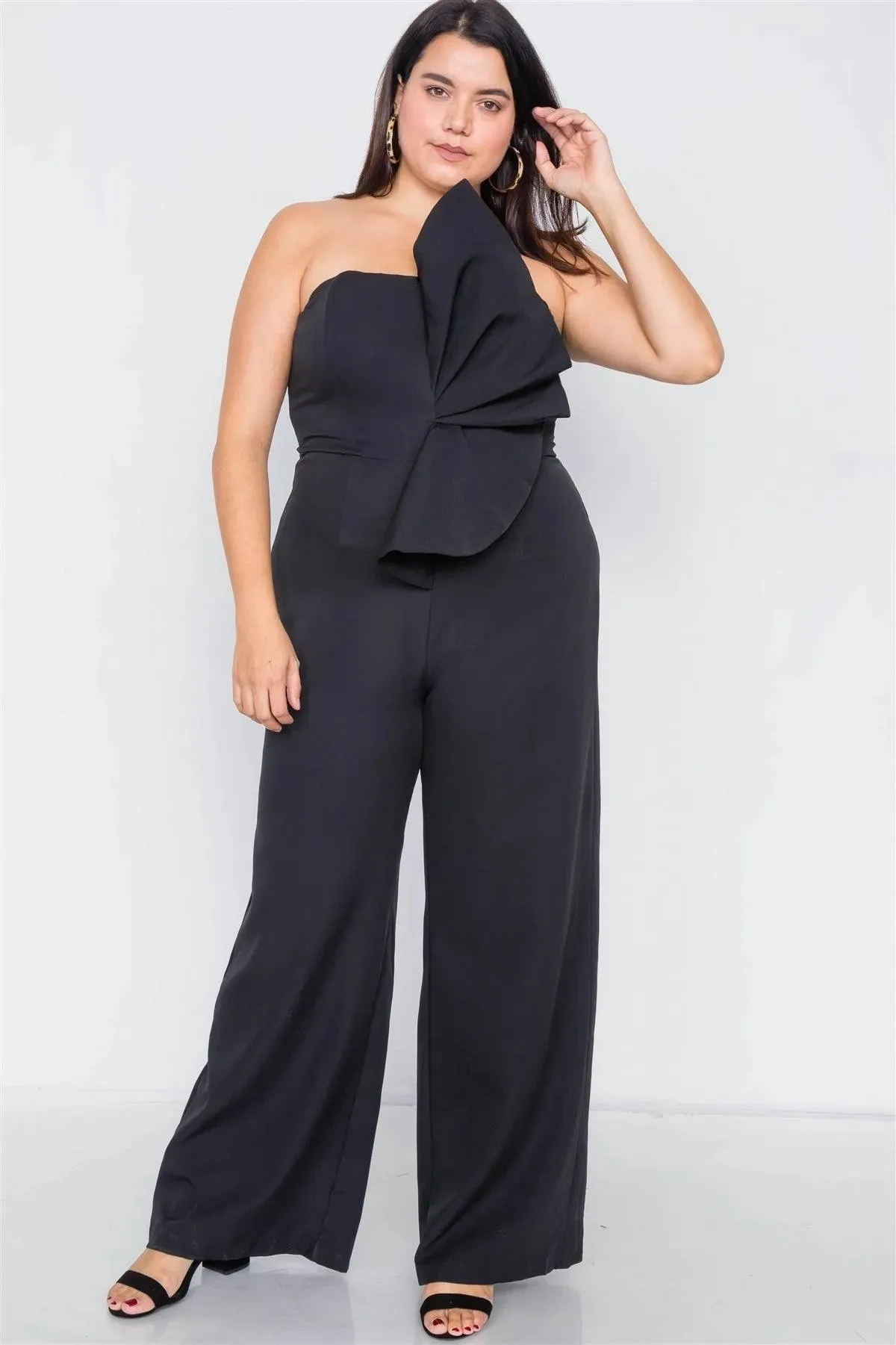 Plus Size Black Tailored Frill Wide Leg Sleeveless Cocktail Jumpsuit /3-2-1