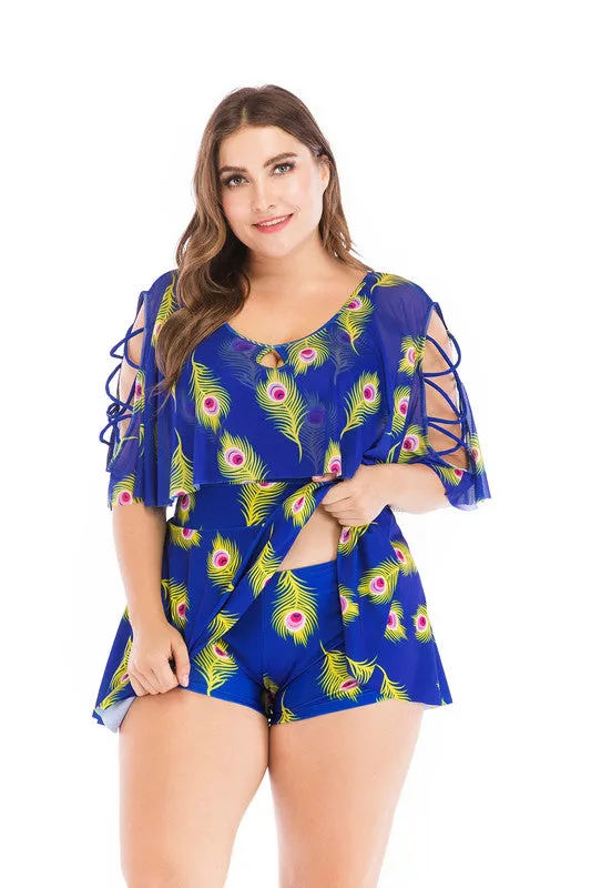 Plus Size Crisscross Flutter Sleeves Feather Print Swimdress