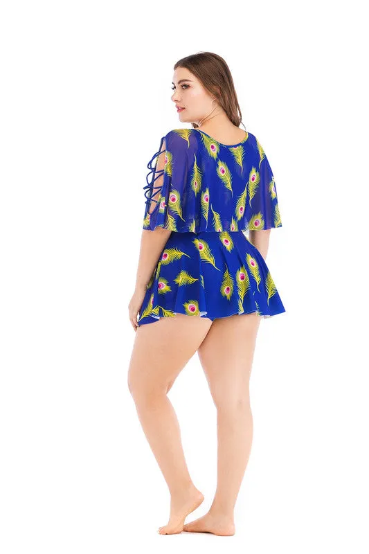 Plus Size Crisscross Flutter Sleeves Feather Print Swimdress