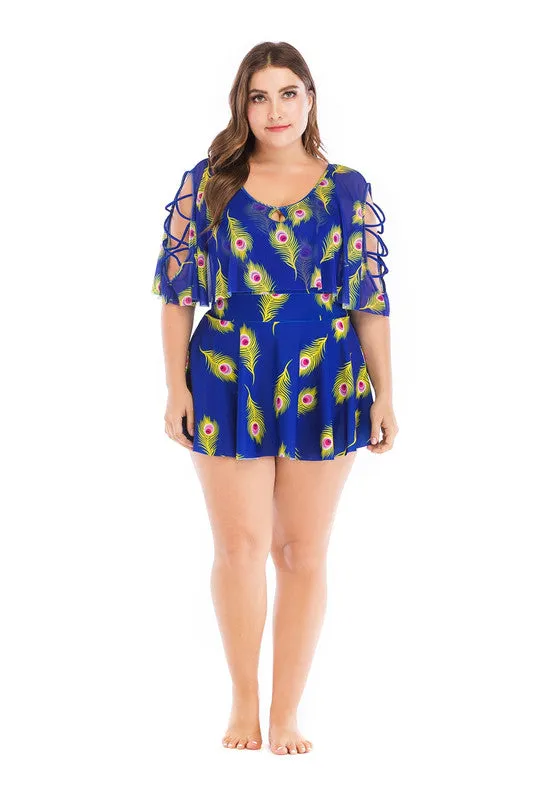 Plus Size Crisscross Flutter Sleeves Feather Print Swimdress