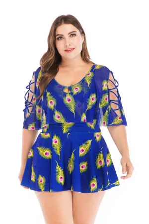 Plus Size Crisscross Flutter Sleeves Feather Print Swimdress