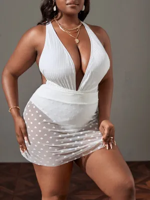 Plus Size Crisscross One Piece Swimsuit Polka Dot Heart Print Beach Skirt