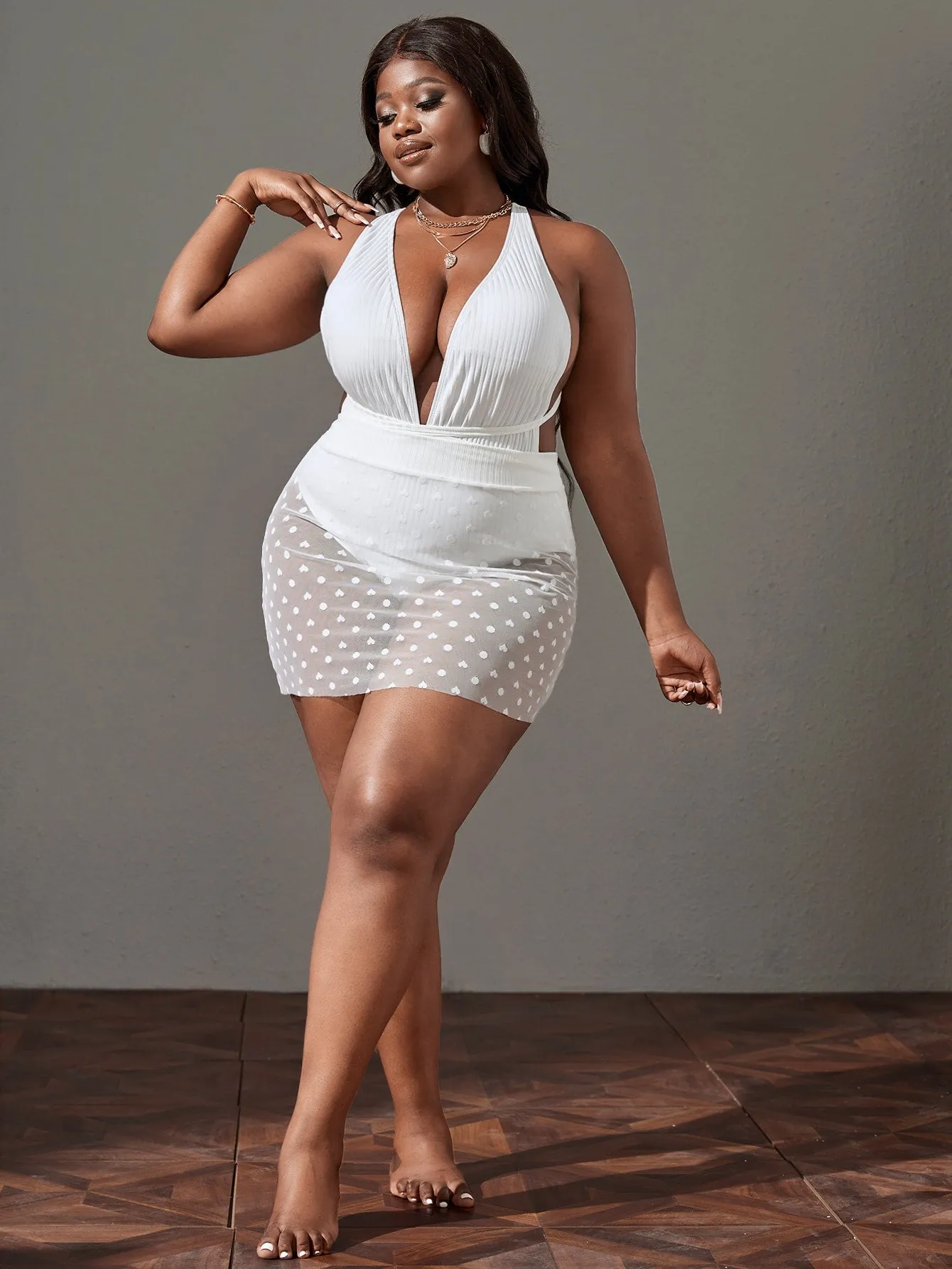Plus Size Crisscross One Piece Swimsuit Polka Dot Heart Print Beach Skirt