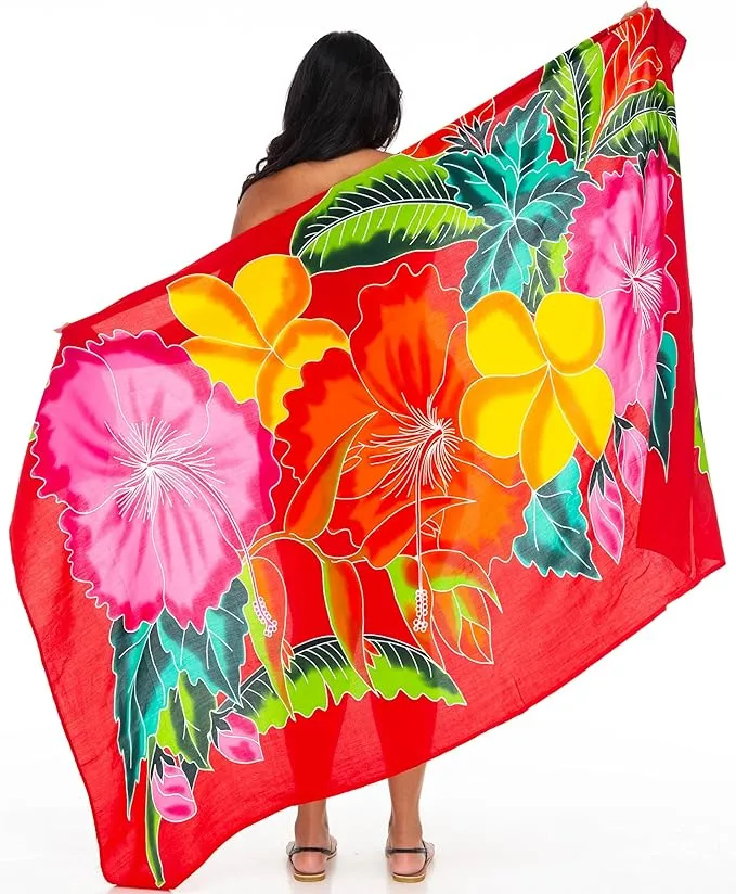 Plus Size Hand-Painted Floral Sarong Wrap - Beach Cover-Up by SHU-SHI