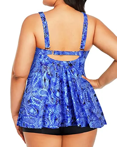 Plus Size High Waisted Boy Shorts Tankini Swimsuit For Women-Blue Tribal