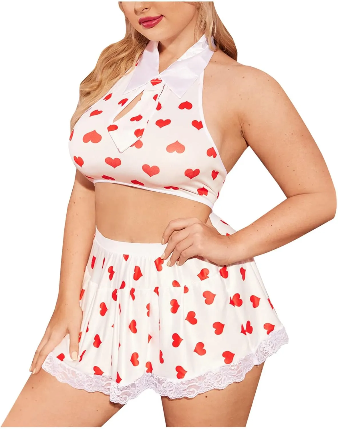 Plus Size Lingerie for Women Sexy Lace Babydoll for Sex Play Halter Bralette Bra and Skirt Set 2 Piece Underwear Set