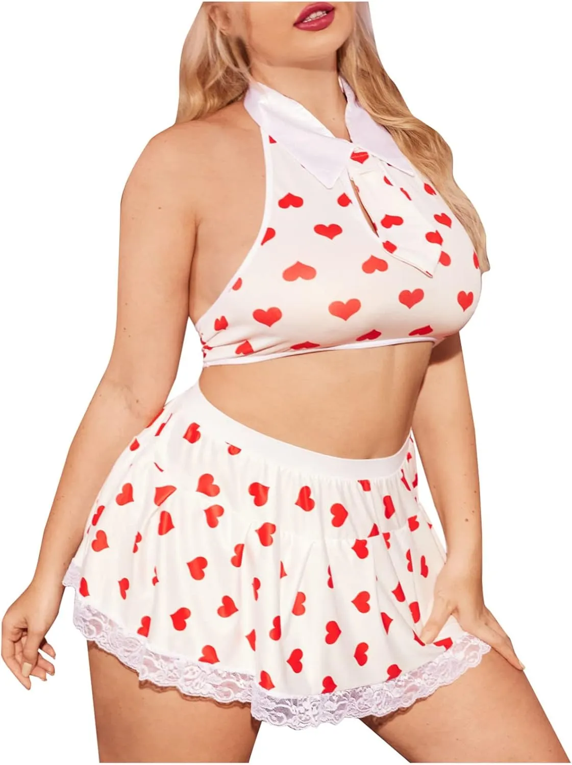 Plus Size Lingerie for Women Sexy Lace Babydoll for Sex Play Halter Bralette Bra and Skirt Set 2 Piece Underwear Set