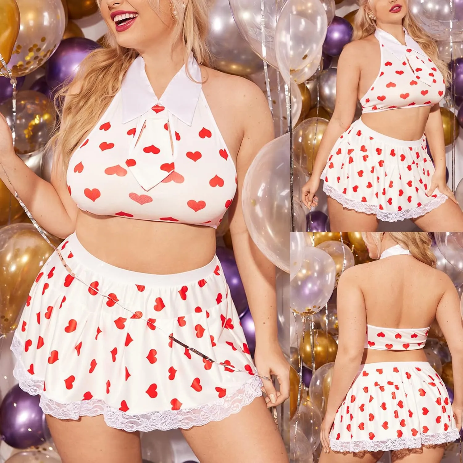 Plus Size Lingerie for Women Sexy Lace Babydoll for Sex Play Halter Bralette Bra and Skirt Set 2 Piece Underwear Set